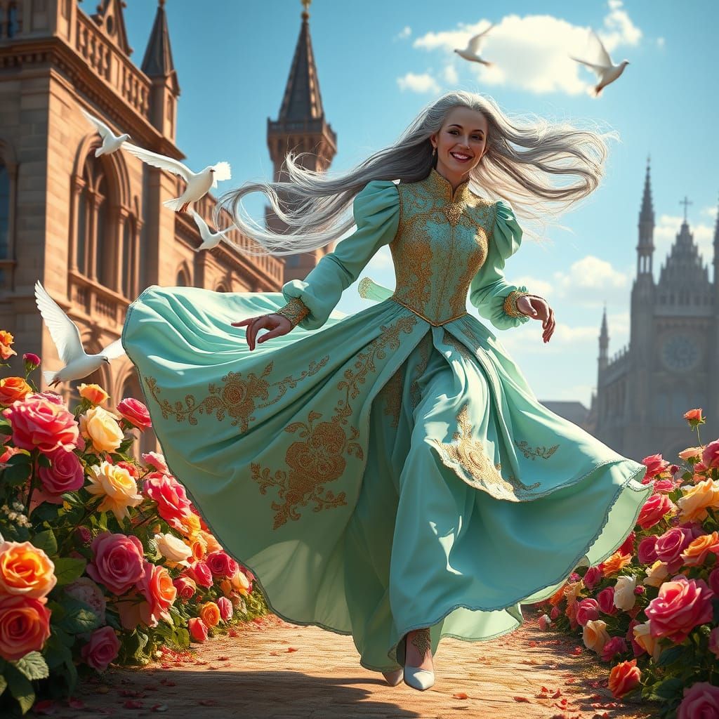 Rococo Queen Sprinting Under Pastel Blue Sky