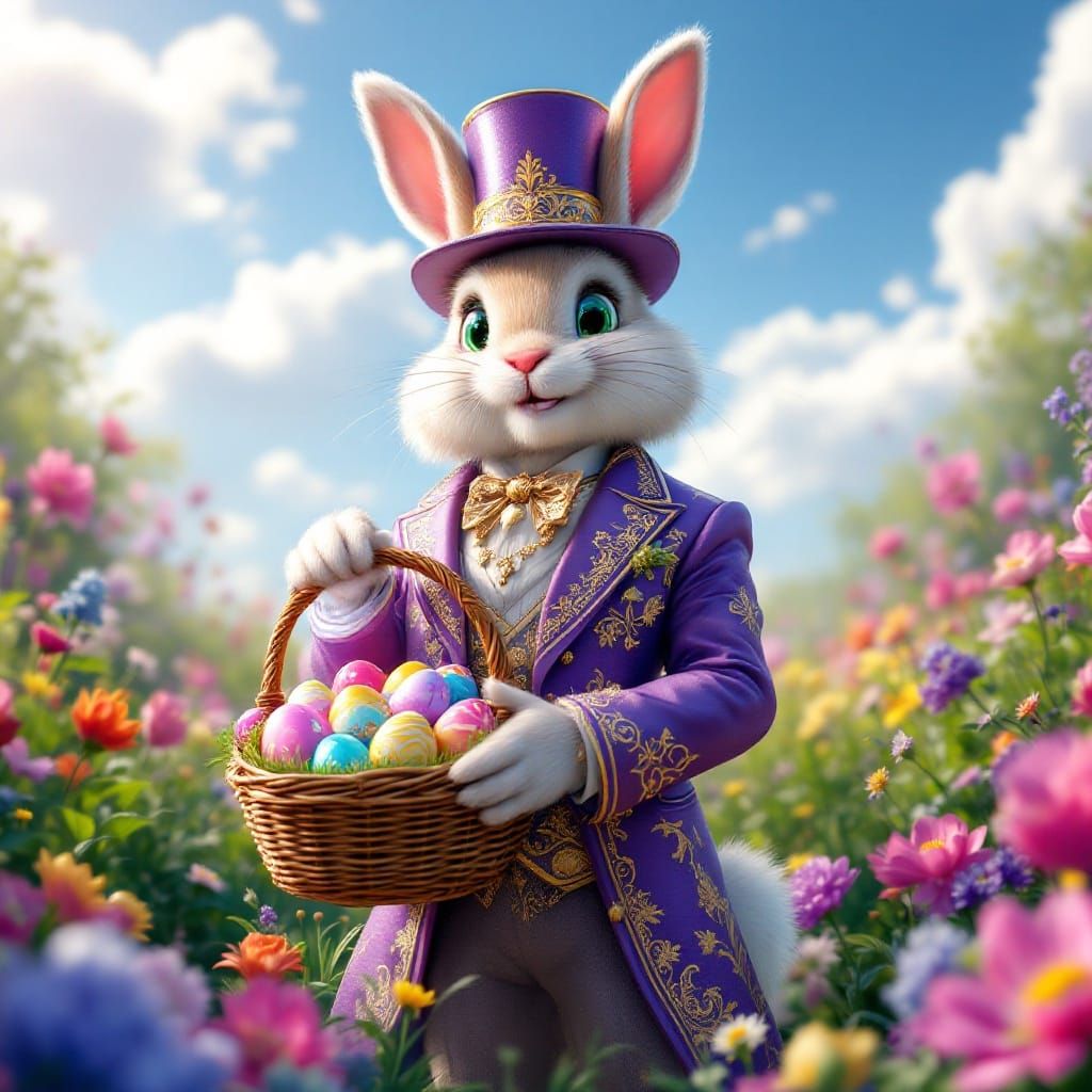 Vibrant Peter Cottontail in a Shimmering Purple Suit