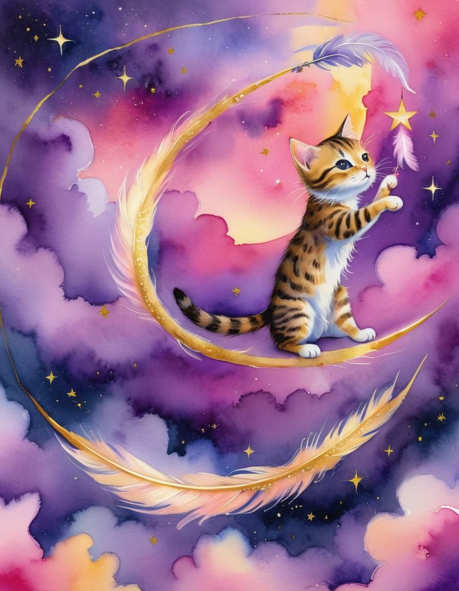 Cat on Moon in Watercolor Fantasy Illustration