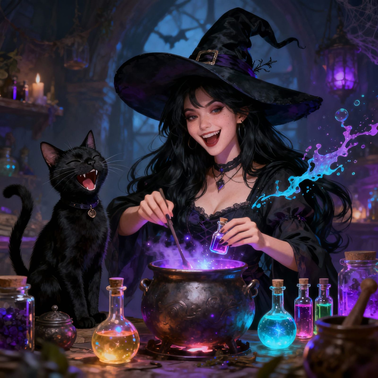 Witch Brewing Potions with Laughing Cat