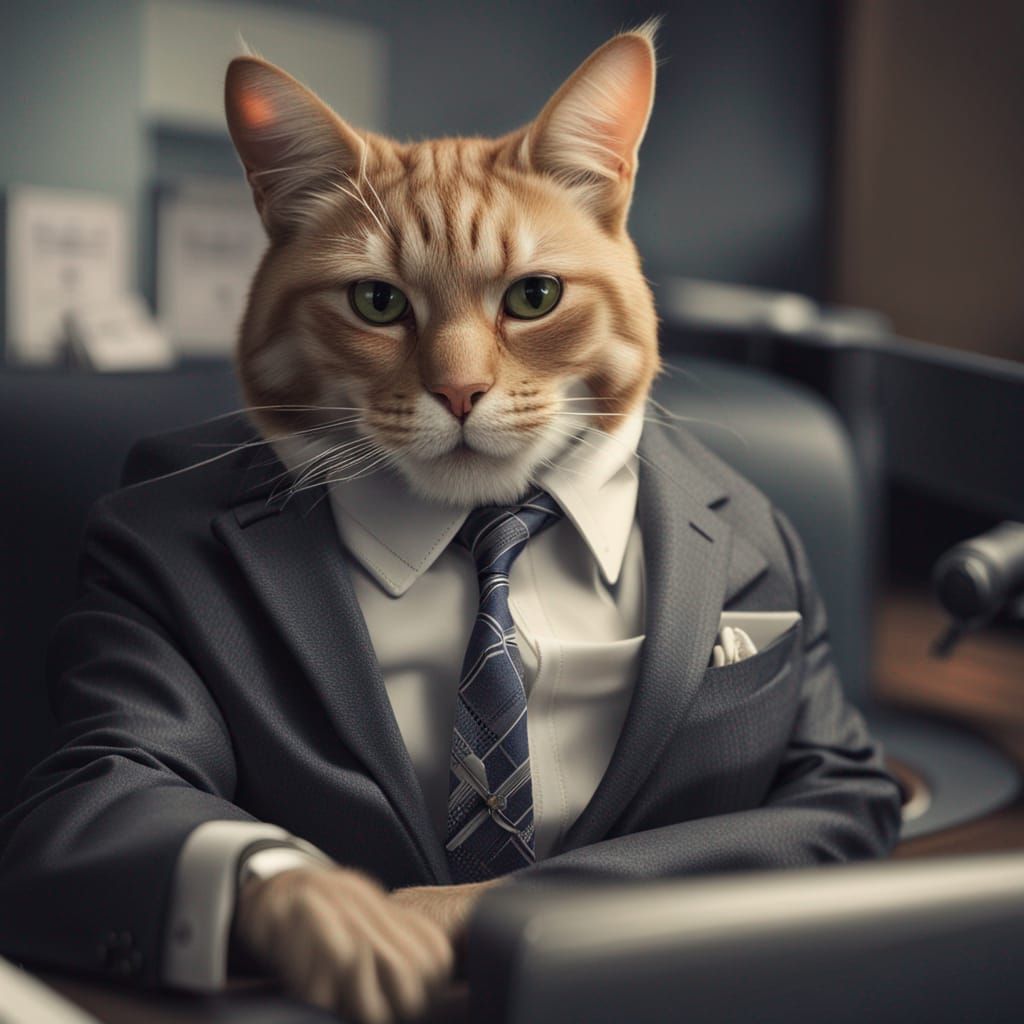 Anthro Cat in Business Suit at Office
