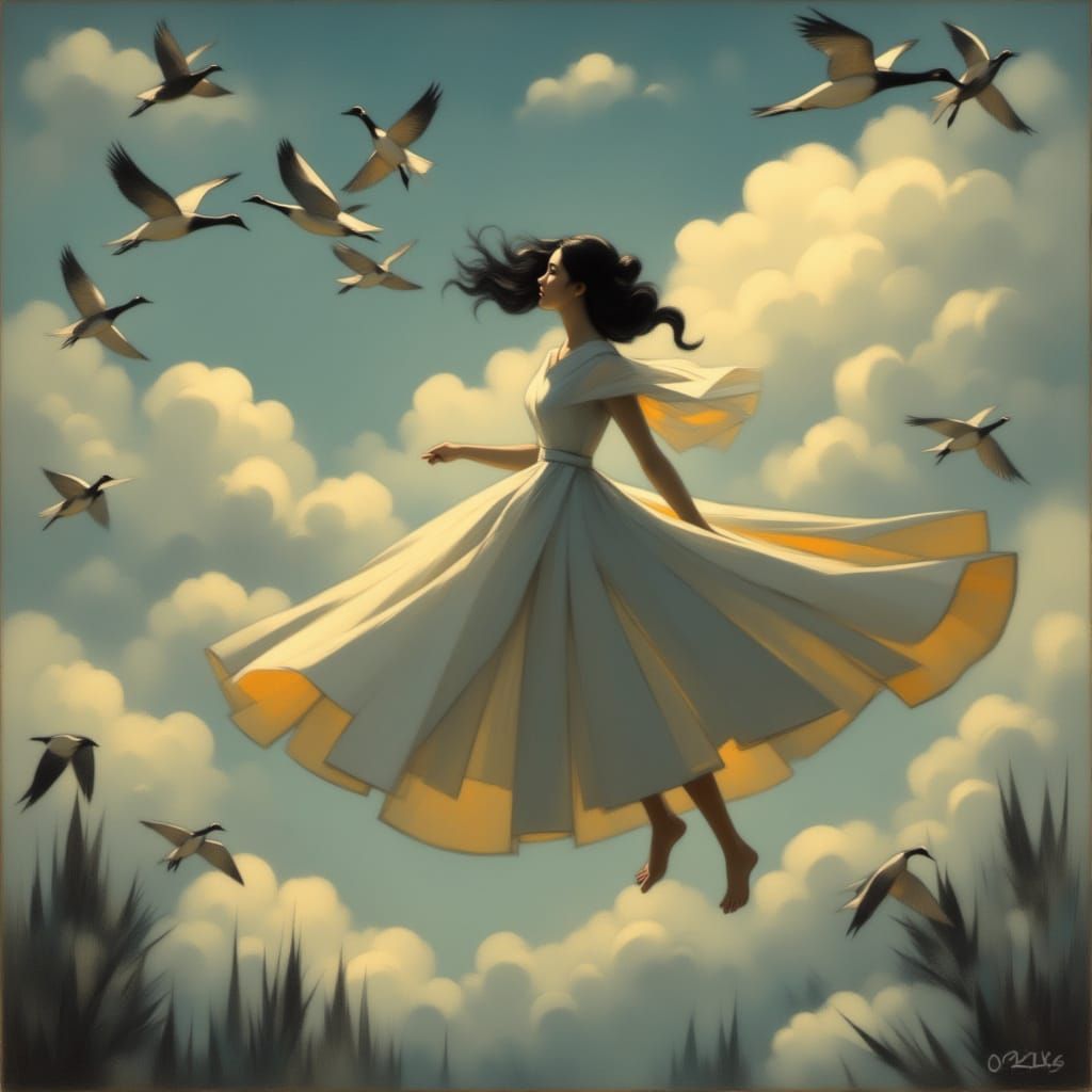 Lady in Evening Dress Flies with Ducks