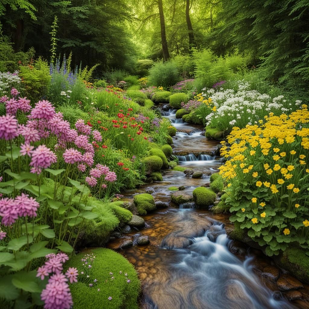 Enchanting Stream in a Forest Flower Garden