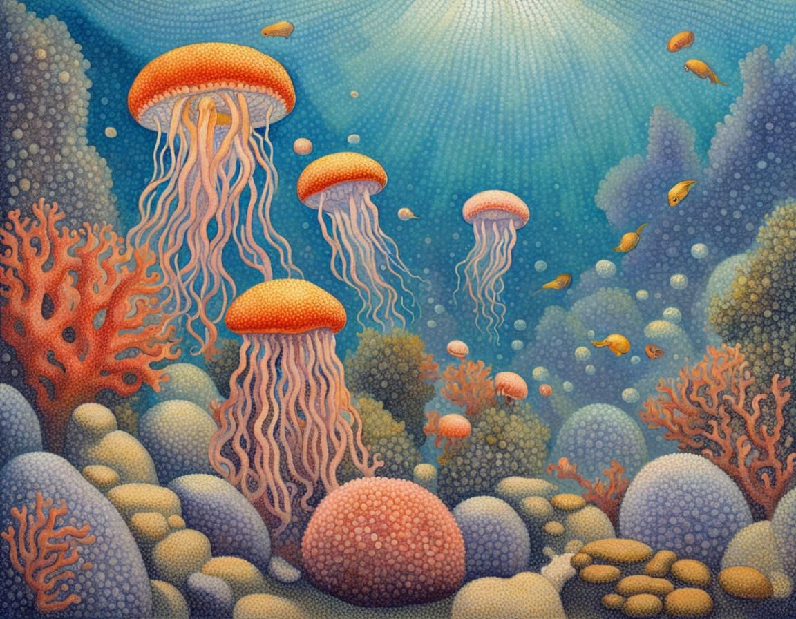 Underwater Coral Reef in Pointillism Style