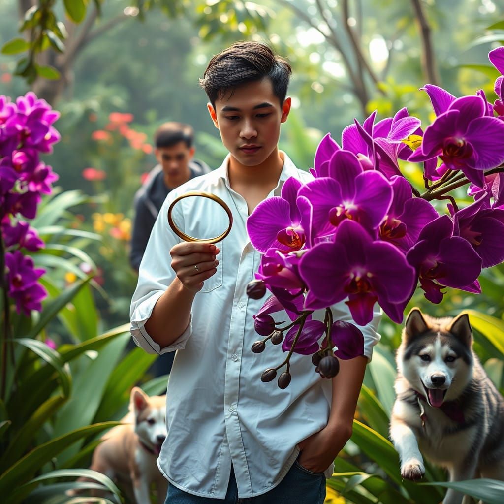 Young Man Examines Vibrant Purple Orchids in Bangkok Garden