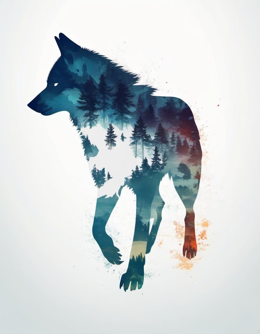 Surreal Wolf Silhouette in Double Exposure Style