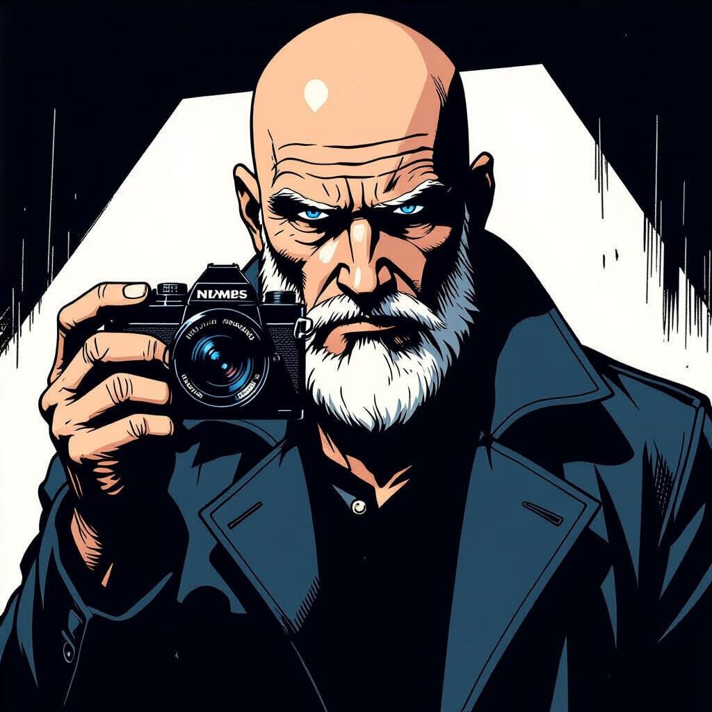Handsome Older Man with Beard Holding Camera in Noir Style