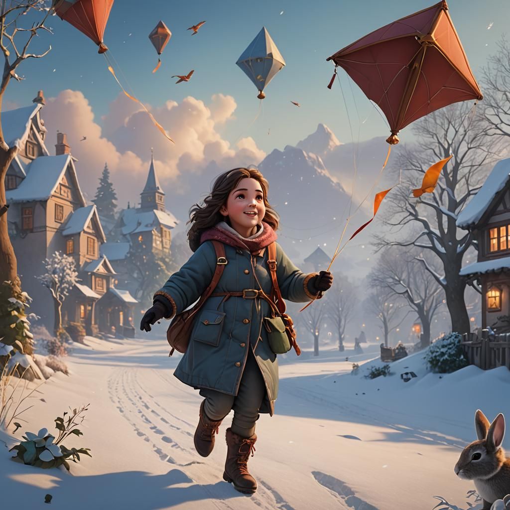 Winter Child's Joyful Kite Flight in Snowy Scene