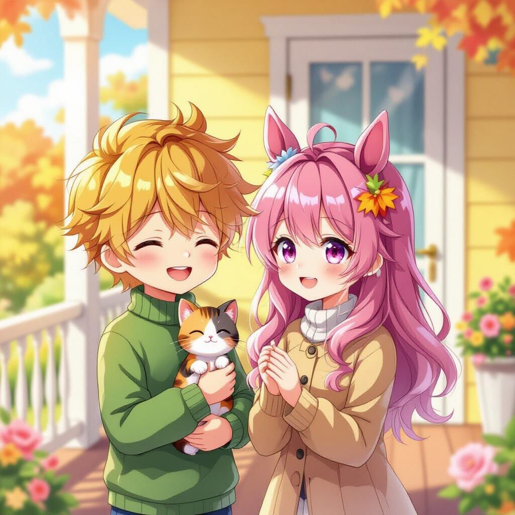 Anime Couple on Veranda in Mystical Candyland Style