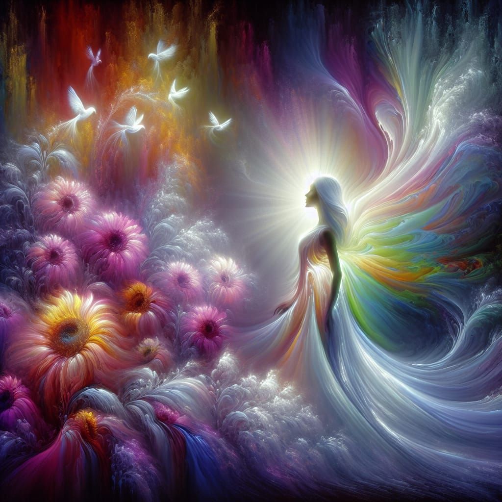 Ethereal Woman in Rainbow Colors with Sunflowers