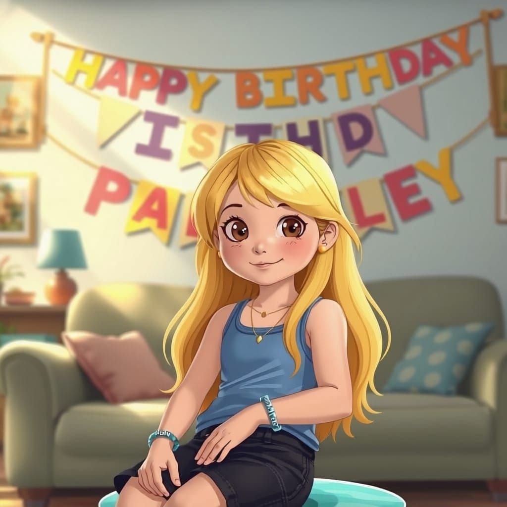 Birthday Celebration: Girl With Banner in Living Room