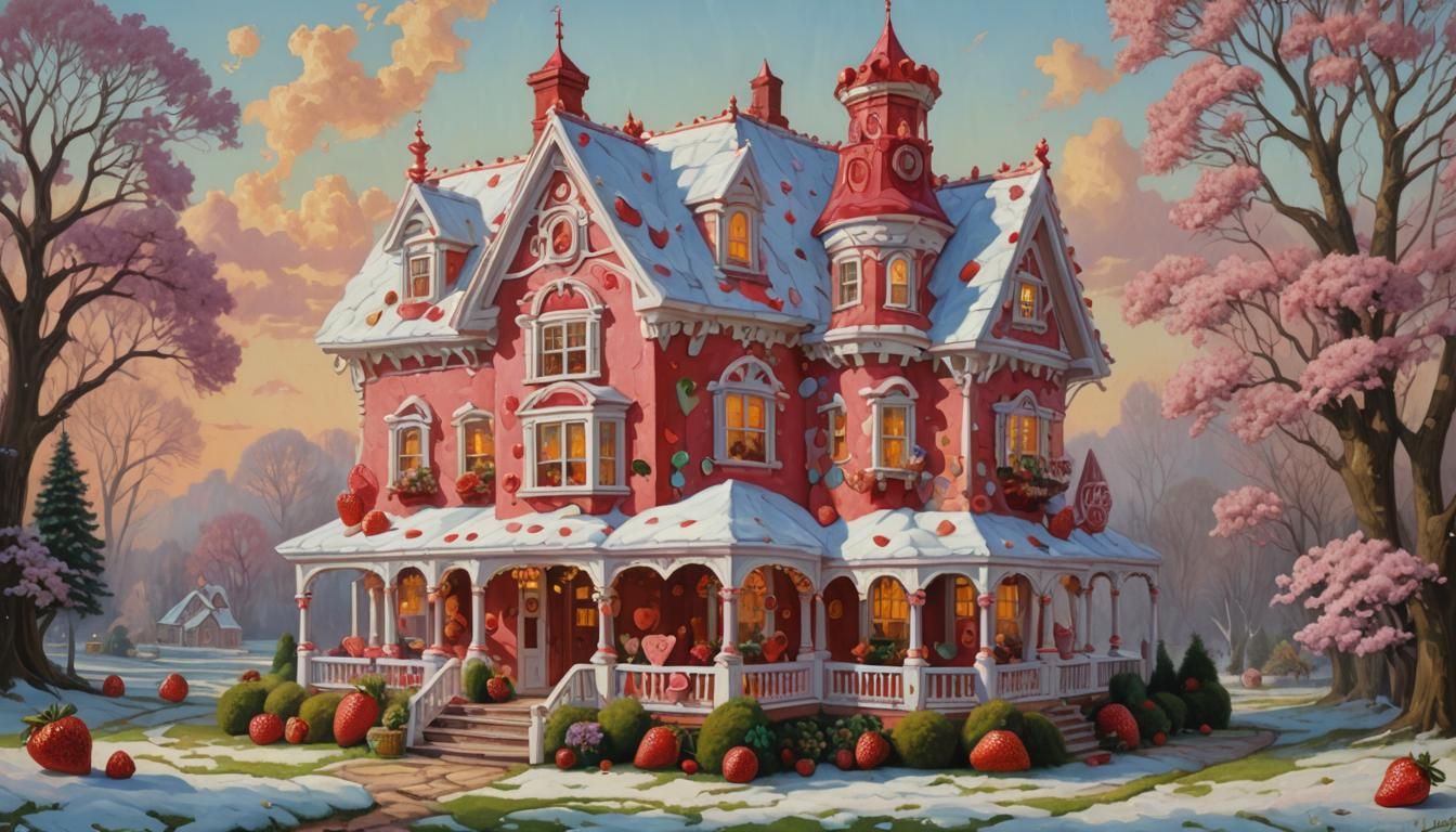Candyland Valentine Cake House in Oil Painting Style