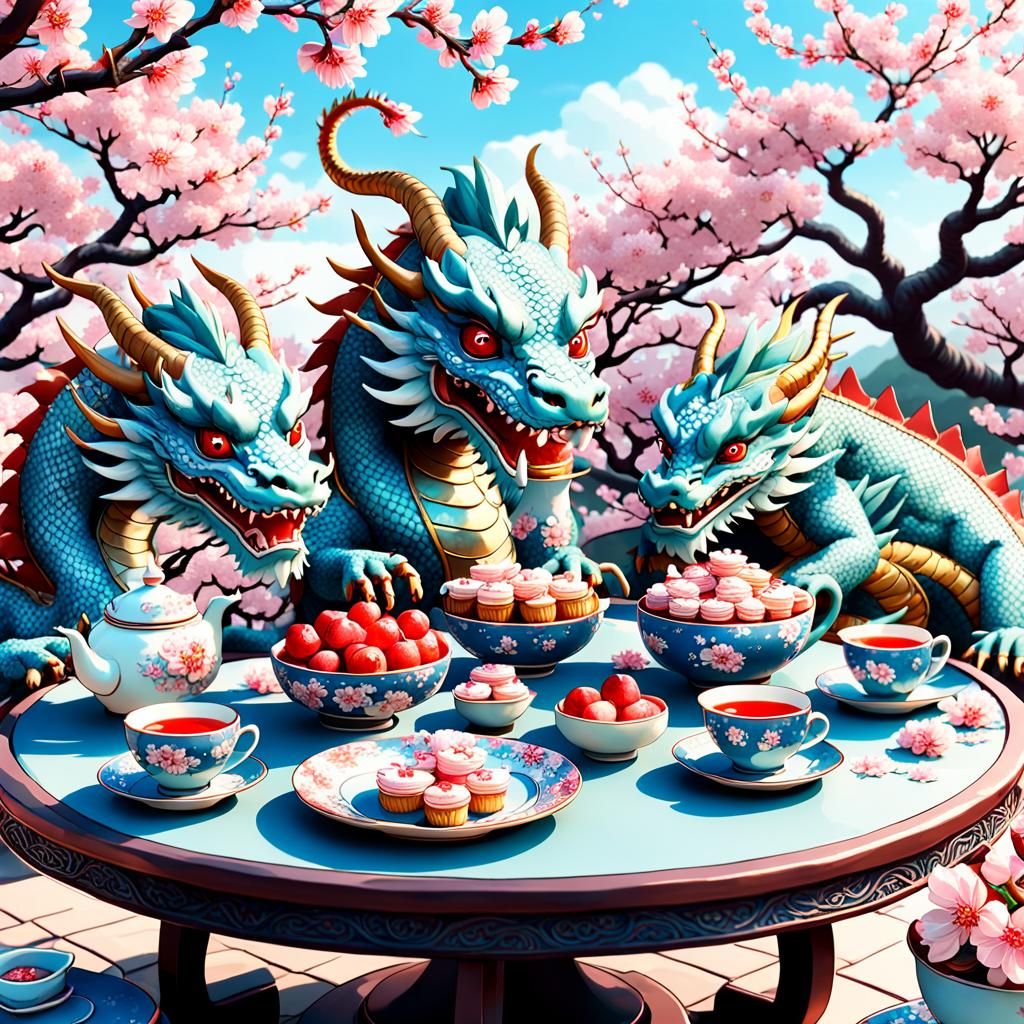 Dragons' Tea Party under Cherry Blossoms in 3D Anime