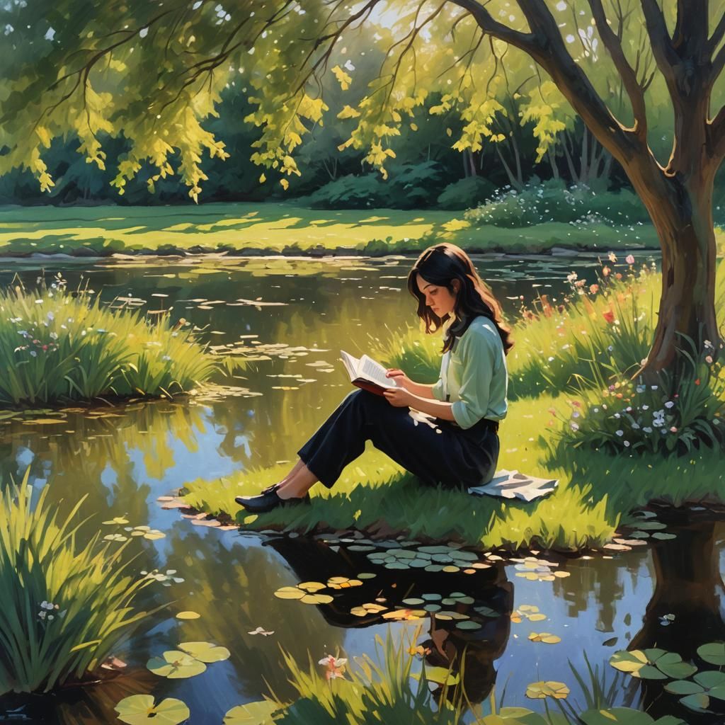Girl Reading by Pond in Impressionist Style