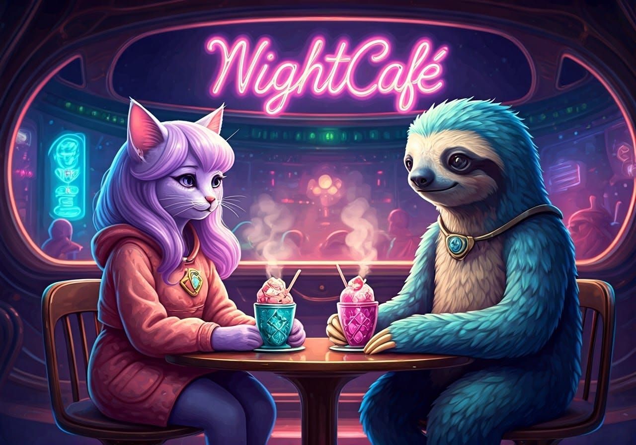 Alien Friends Enjoying Frappes in Enchanting NightCafé