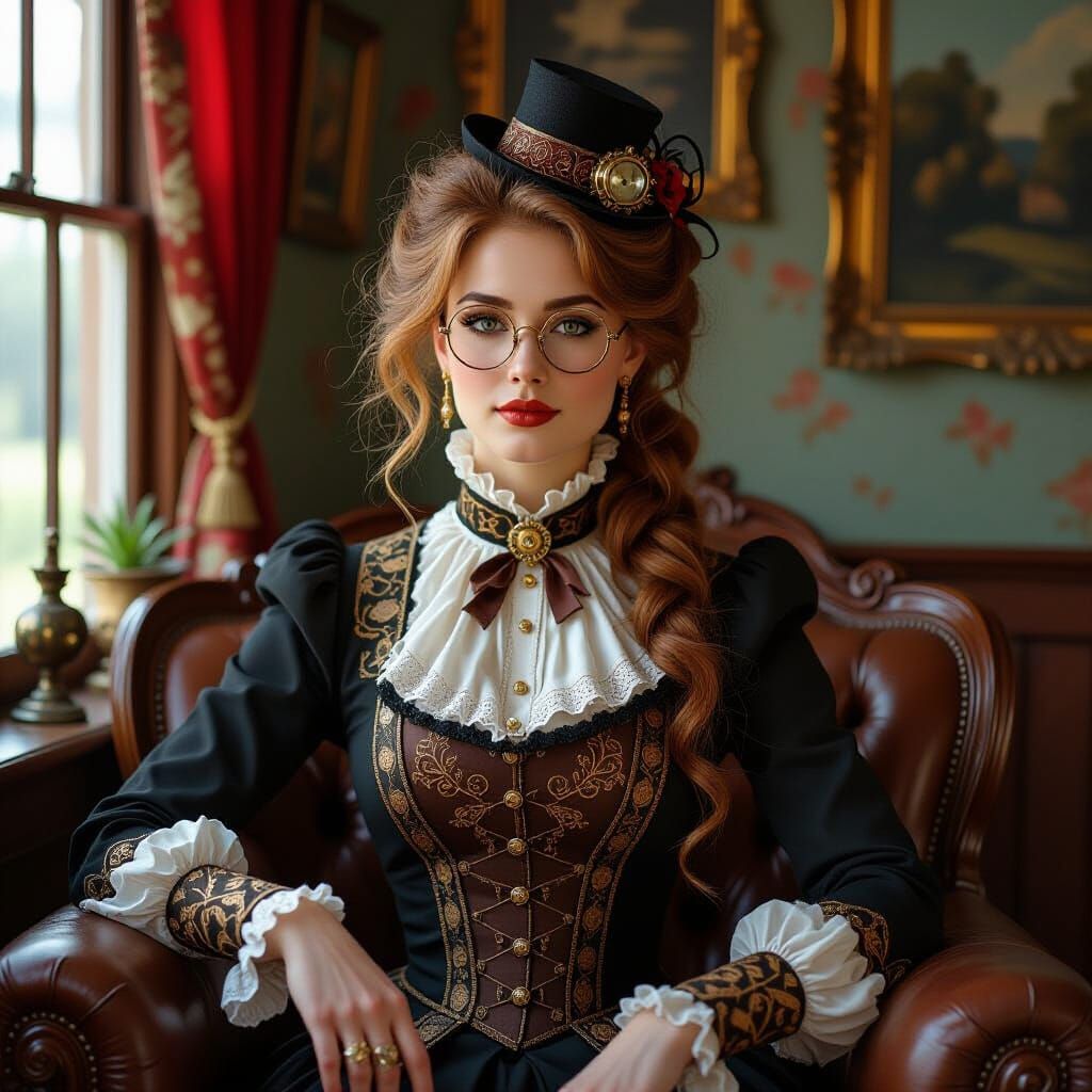 Steampunk Woman in Victorian Outfit Relaxing in Lounge
