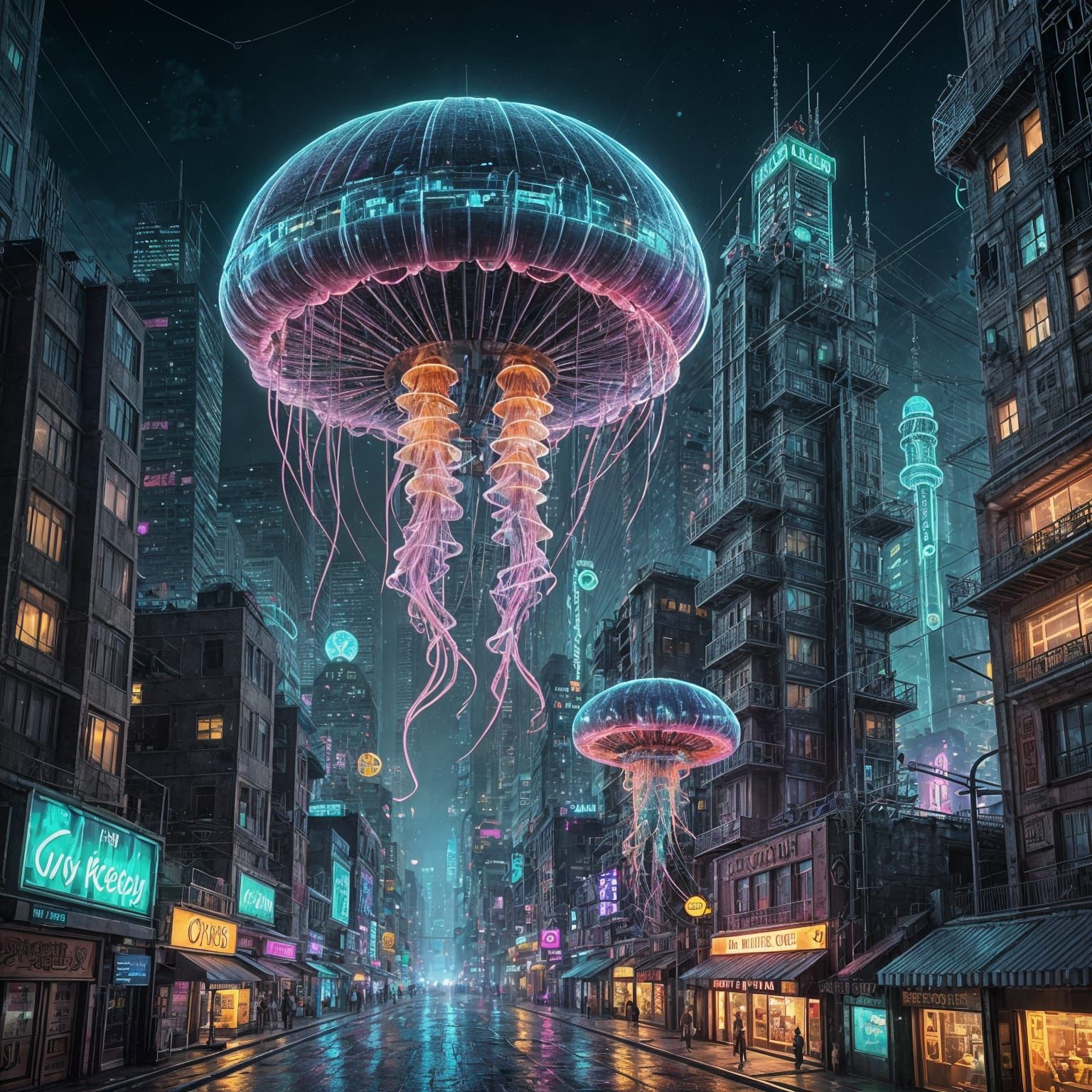 Bioluminescent Jellyfish in Cyberpunk Cityscape