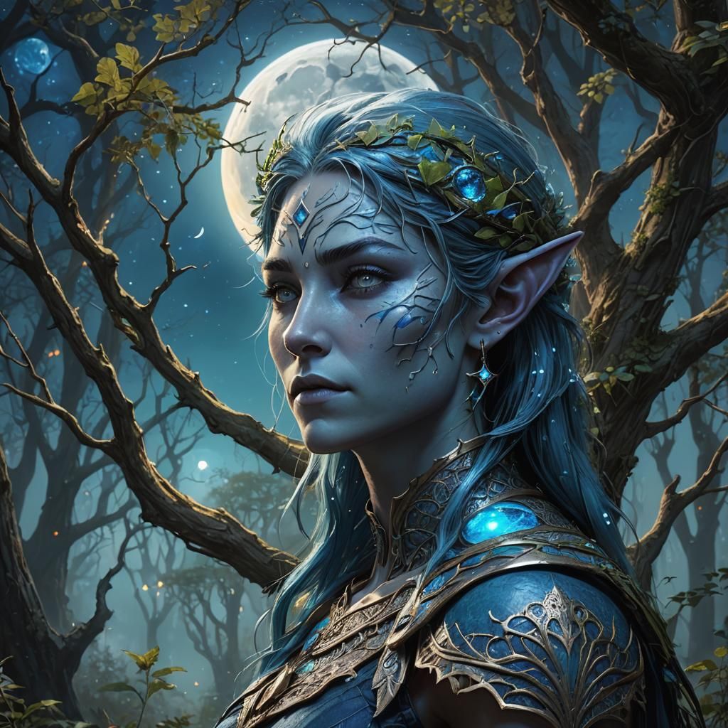Blue Moon Over Elven Forest: Hyperrealistic Splash Art