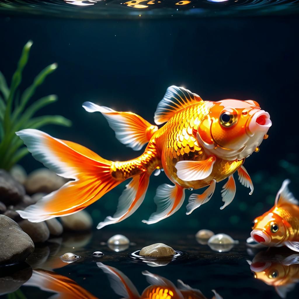 Bioilluminated Goldfish in Dark River: Photorealistic Art