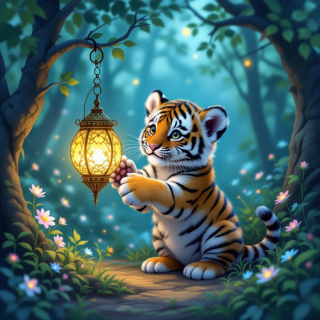 Tiger Cub Batting Lantern in Enchanted Forest