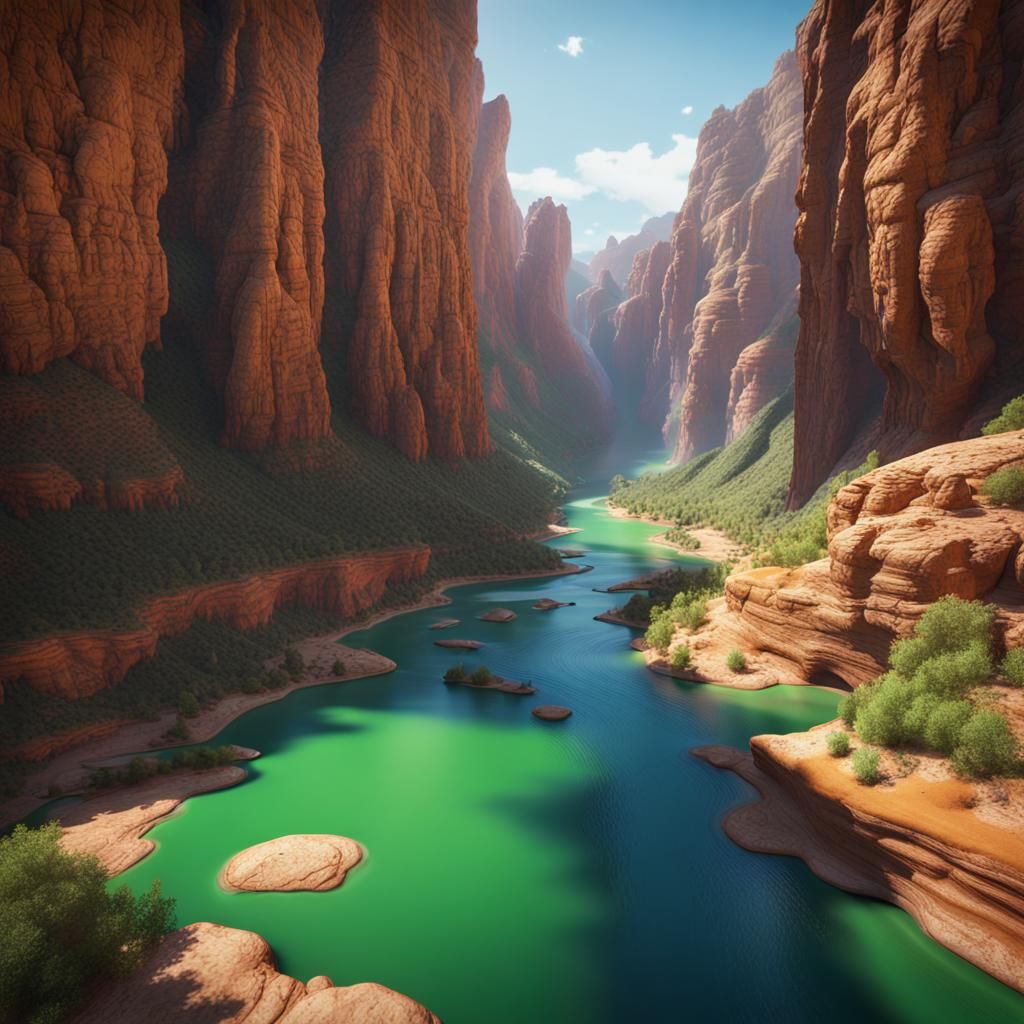 Hyperdetailed Orange Canyon Gorge with River