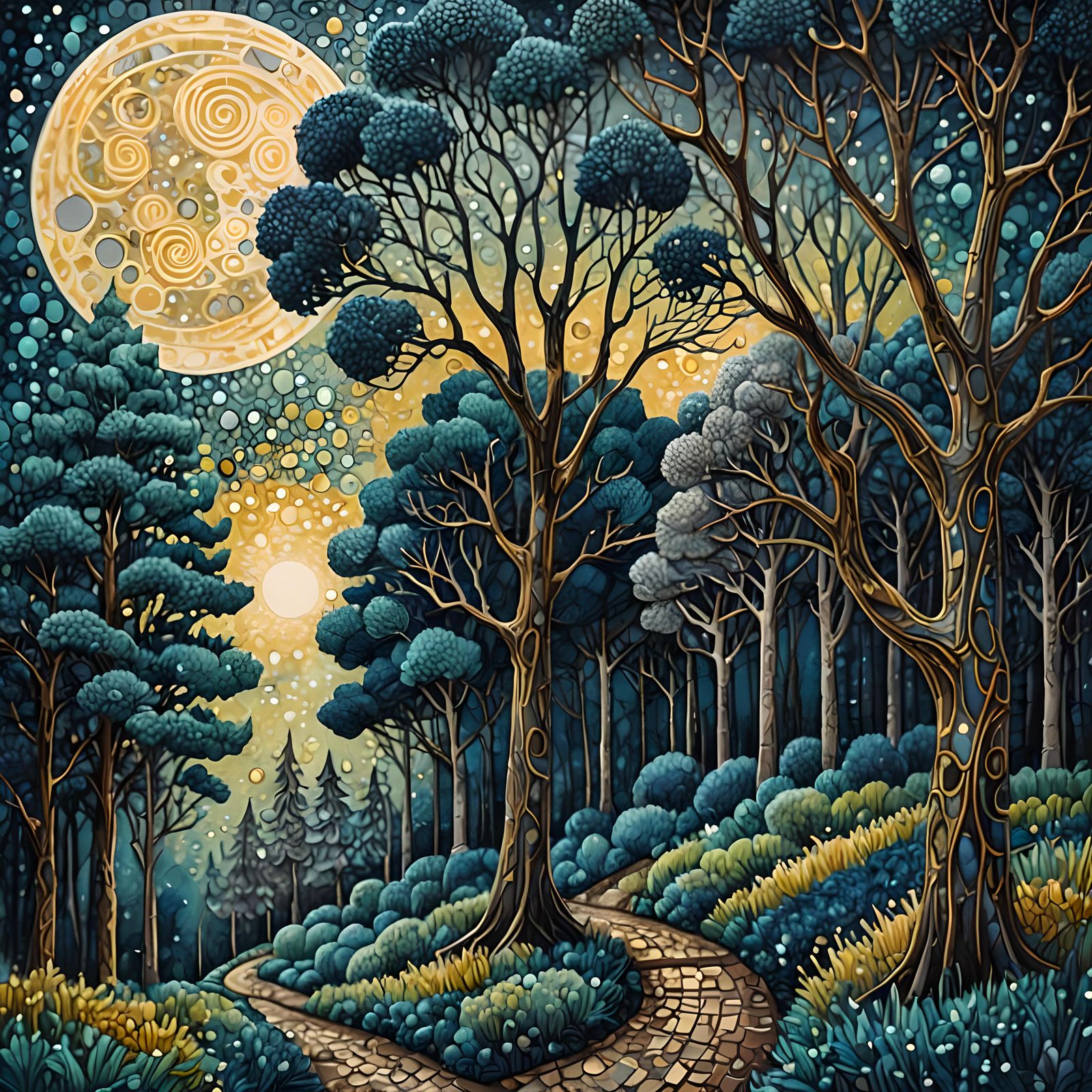 Moonlit Path Through Pointillist Arabesque Forest