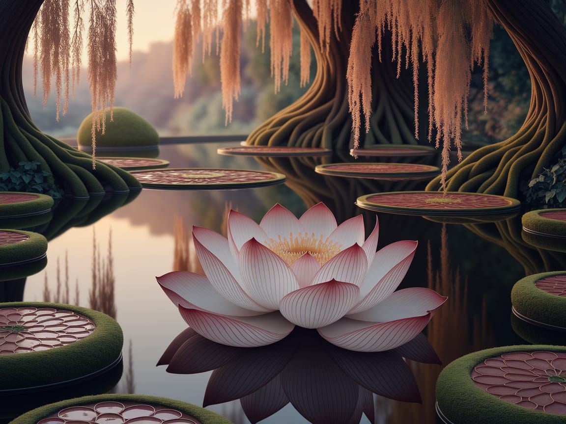 Serene Pond with Stylized Willow Trees and Giant Lotus Flowe...