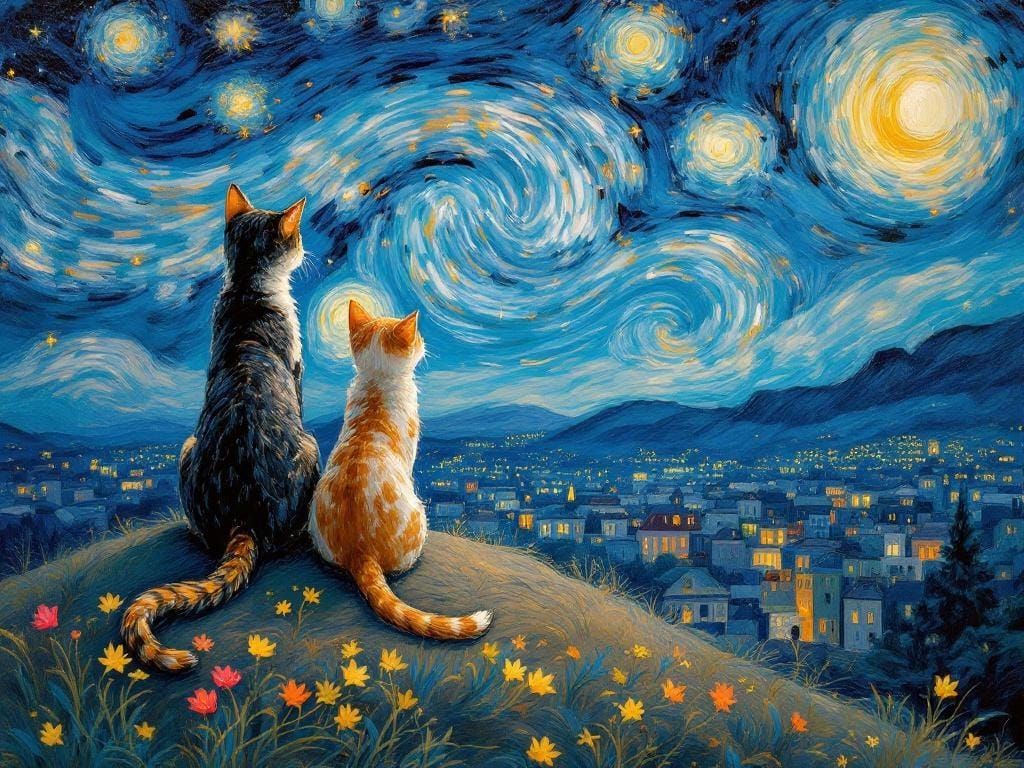 Cats Gazing at Town in Starry Night Style