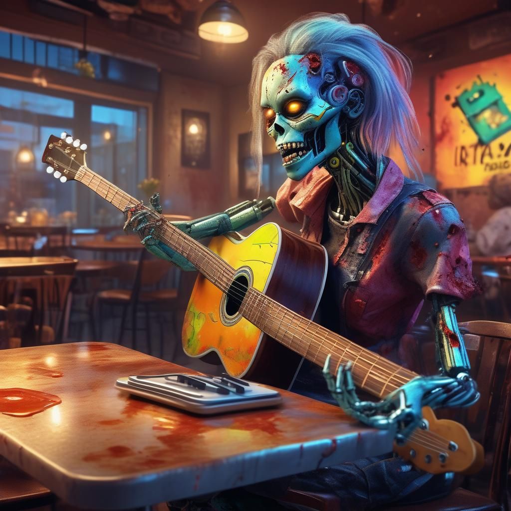 Female Zombie Robot Plays Guitar: Hyperrealistic Splash Art