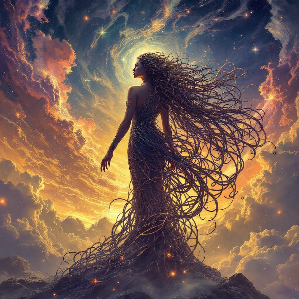 Goddess with Metallic Hair in Surrealist Landscape