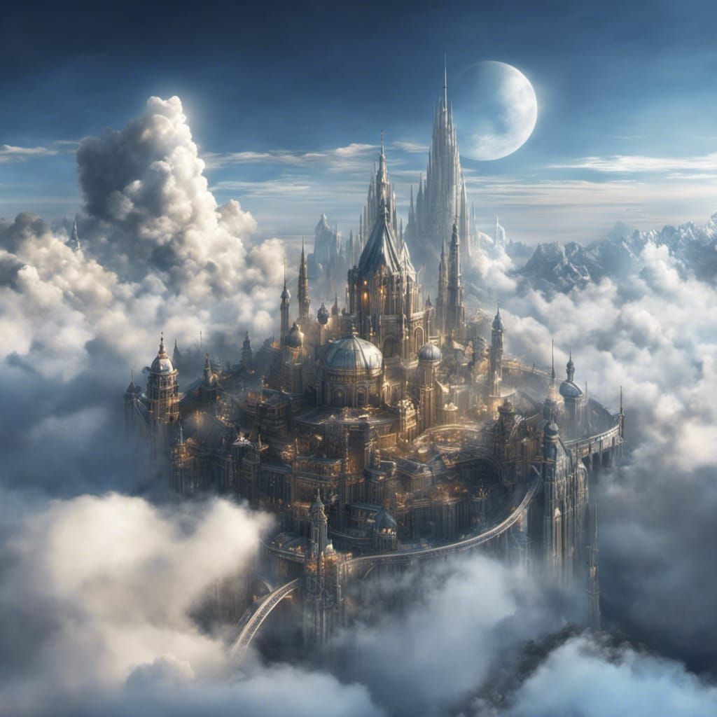 Surreal Silver City Floating in Clouds