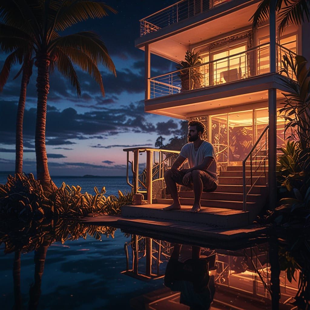 Man by Tropical Sea, Neon Sci-Fi Art