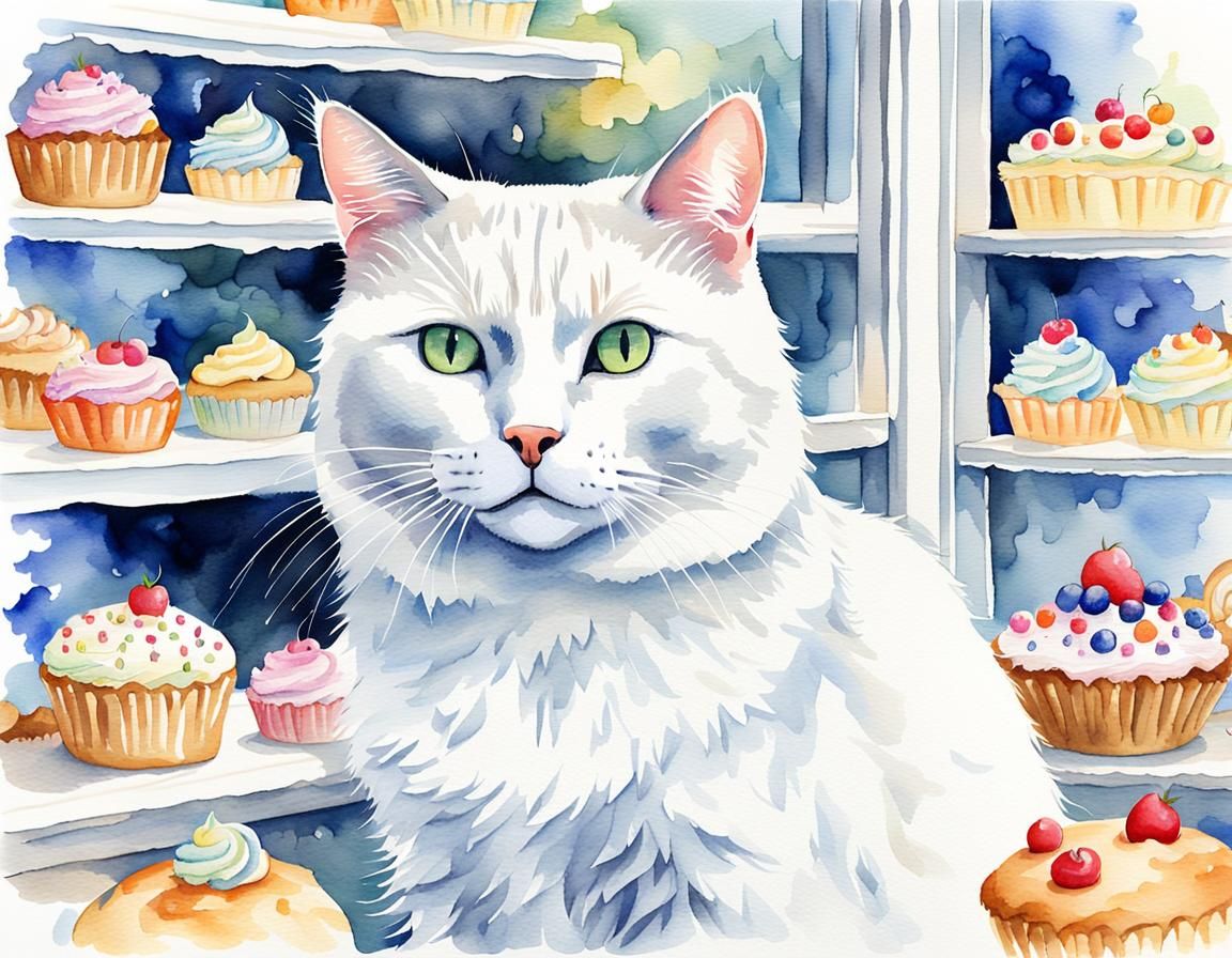 Watercolor Cat Portrait in Bakery Window