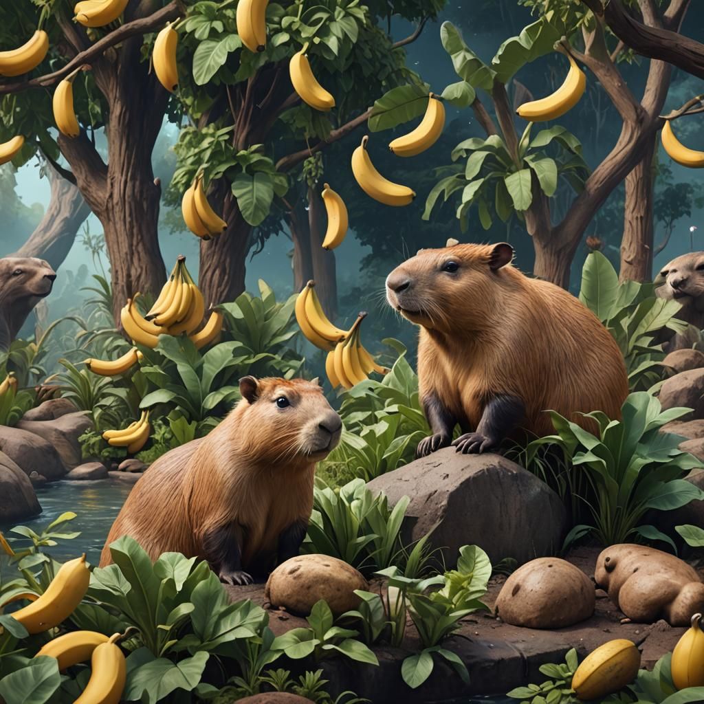 Capybara's Banana Dream: Detailed Matte Painting