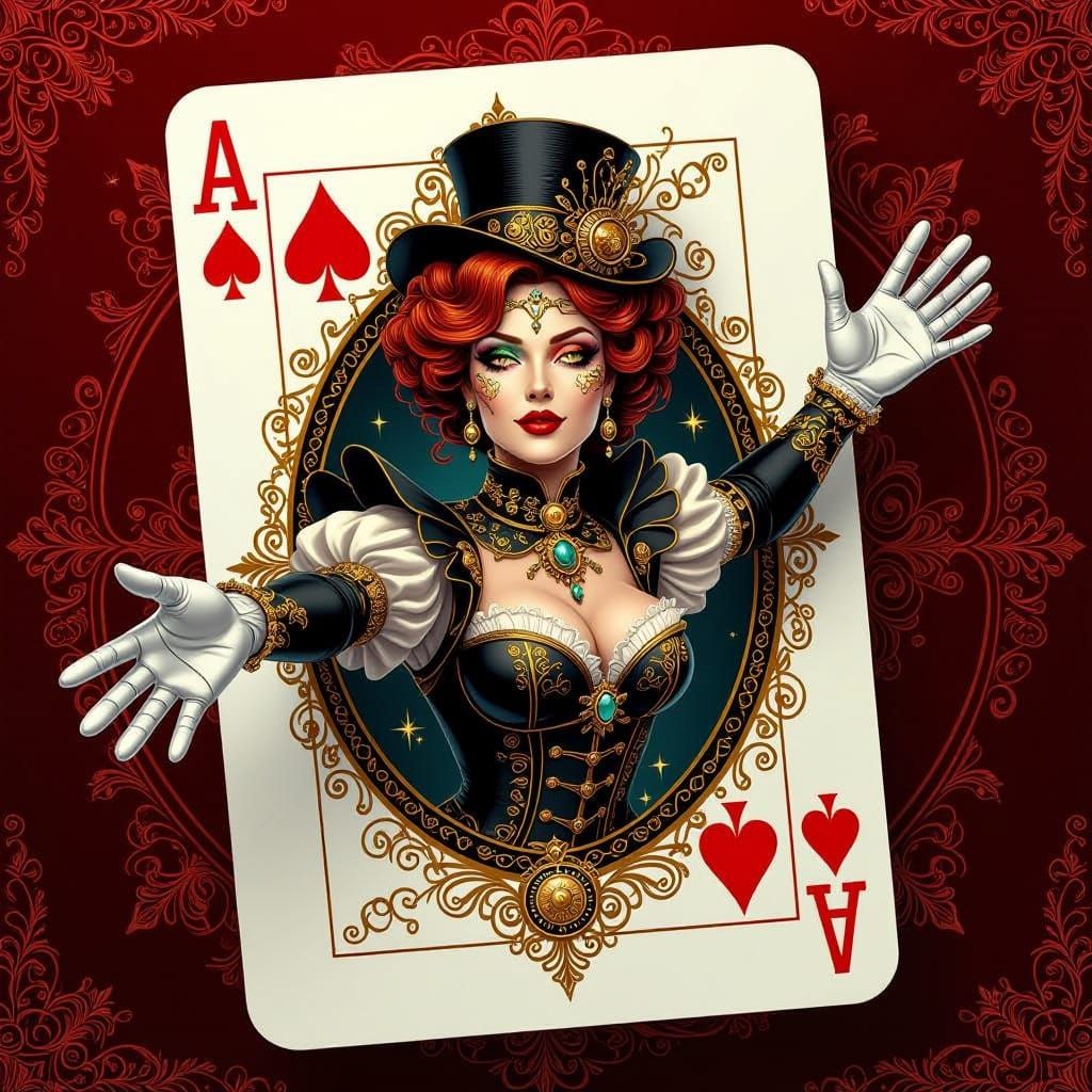Steampunk Lady Emerges from Oversized Playing Card