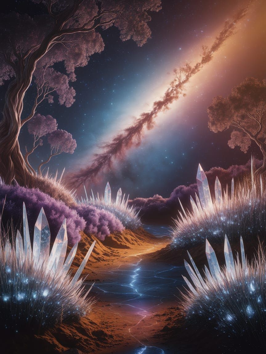 Ethereal Garden Under Nebula Glow with Crystalline Flora