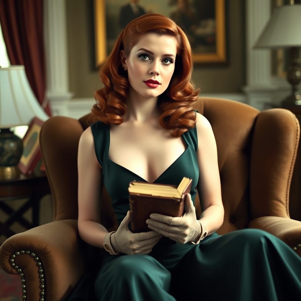 Elegant Canadian Woman in 1950s Estate, Surrounded by Opulen...