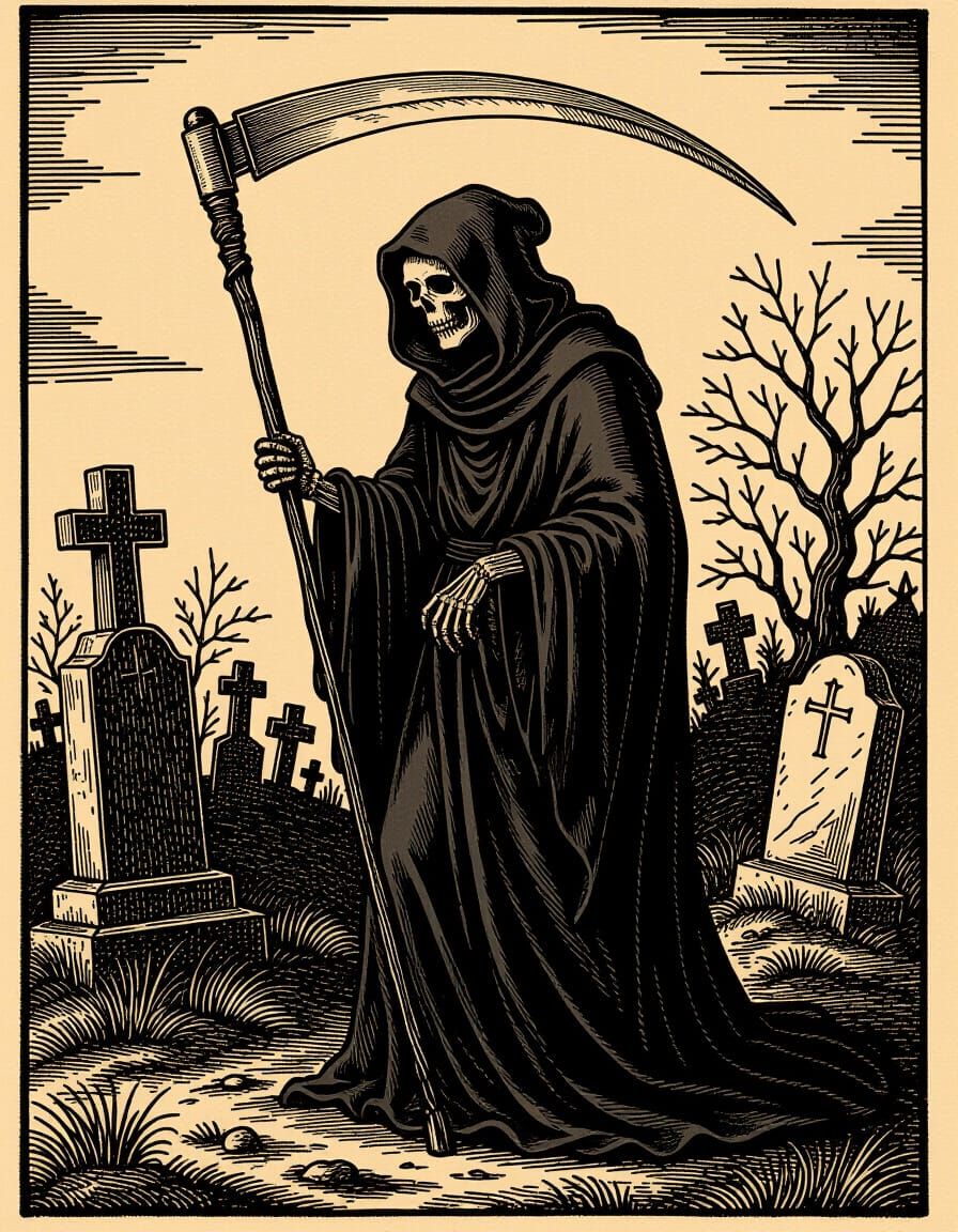 grim reaper, woodblock print