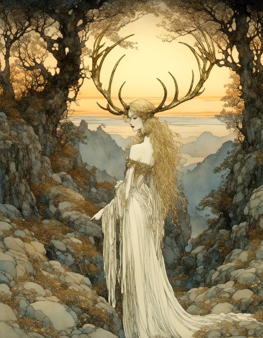 Blonde Queen with Antlers in Wooded Glade