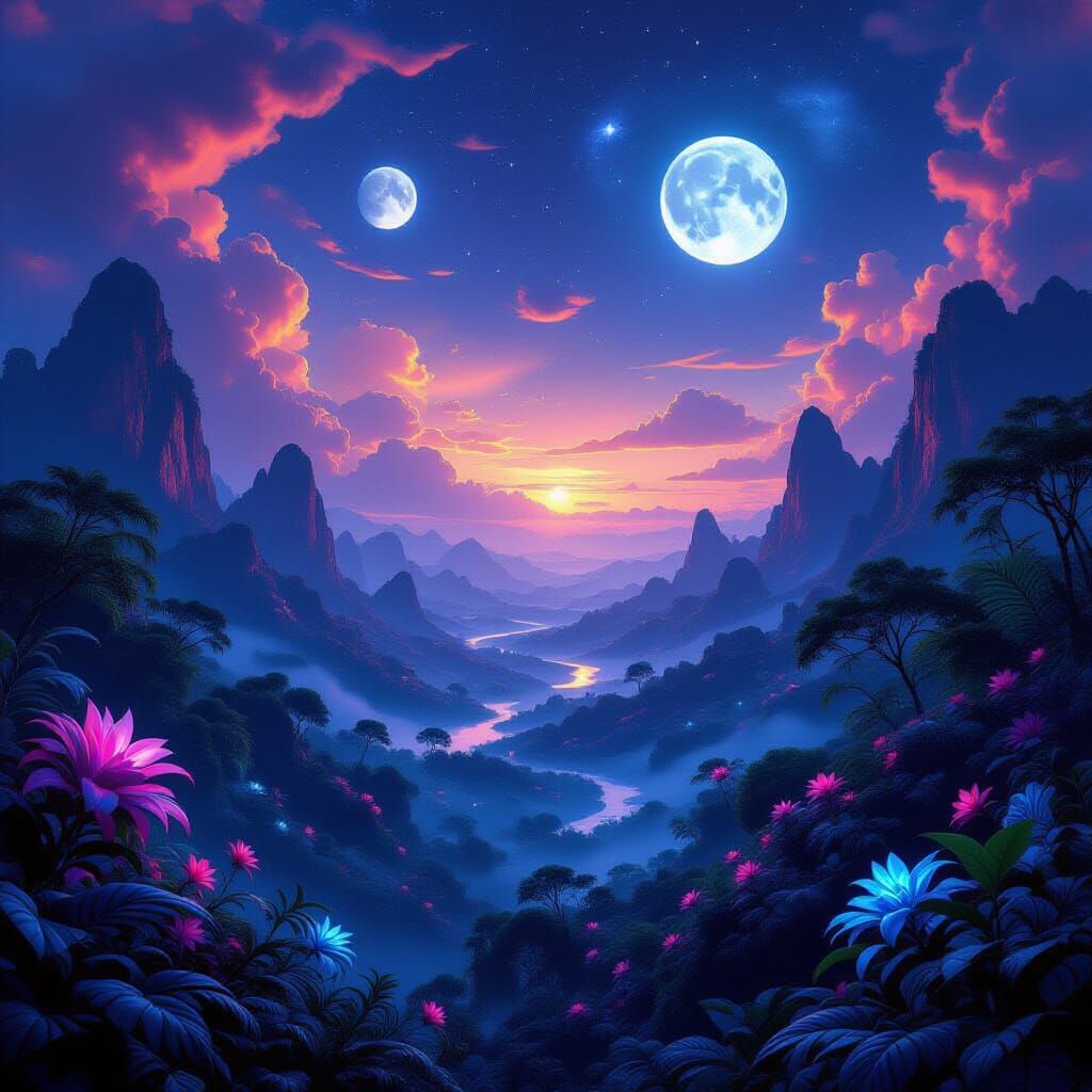 Alien Jungle Landscape with Nebulae Sky