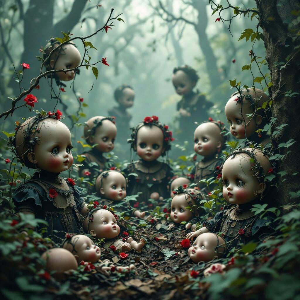Gothic Steampunk Forest of Creepy Doll Heads