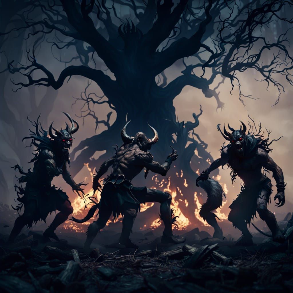 Demons Dancing Under Withered Tree in Apocalyptic Style