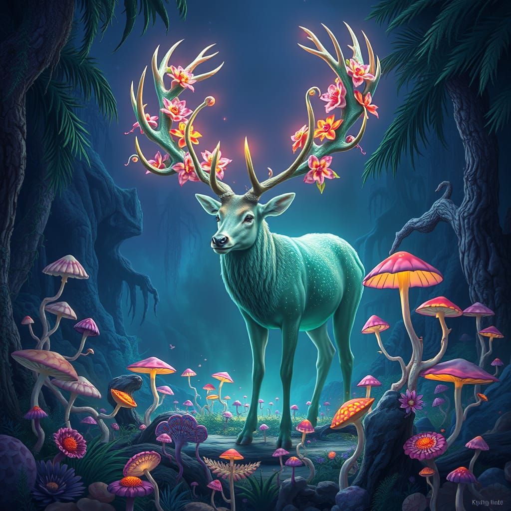 Bioluminescent Stag in Alien Jungle, Ethereal Light