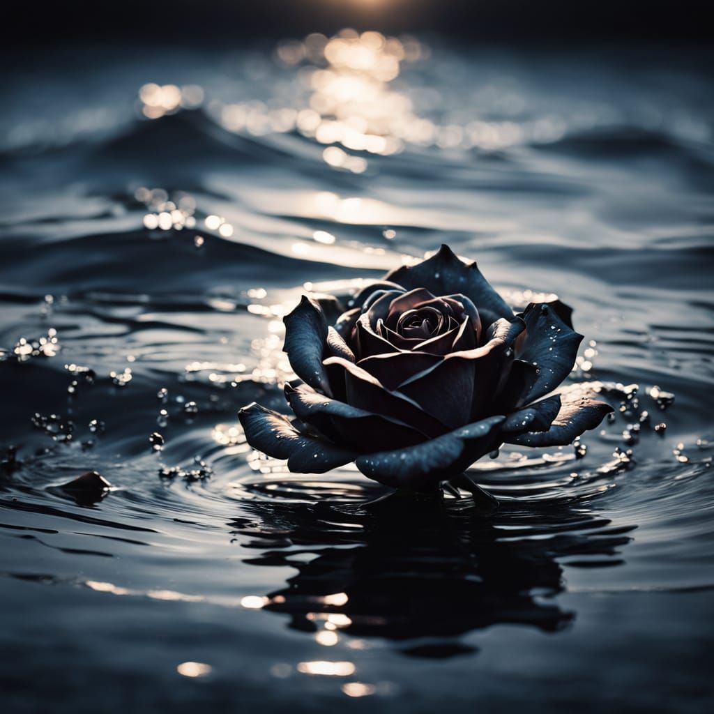 Dreamy Black Rose on Shimmering Ocean