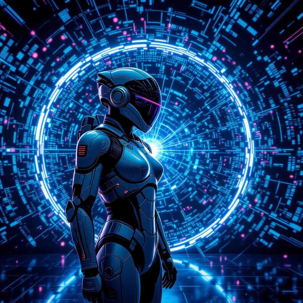 Futuristic Exosuit in High-Tech Cosmic Telemetry Landscape