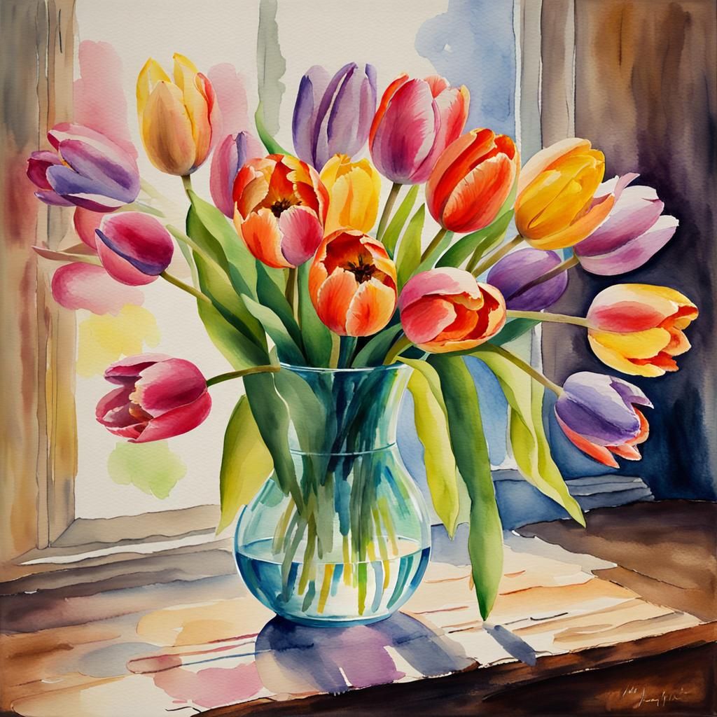 Vivid Tulips in Vase, Watercolor Style