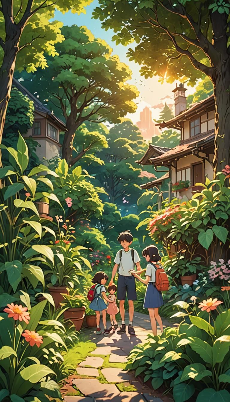 Family Garden in Anime Style, Digital Illustration