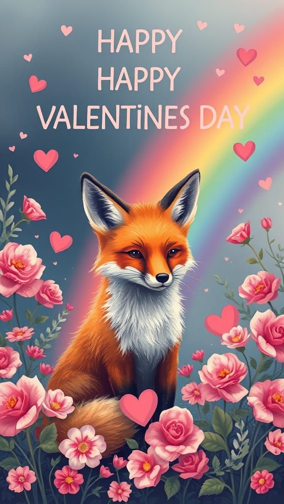 FOX WITH FLOWERS ALL AROUND IT AND A RAINBOW. TEXT "HAPPY VA...