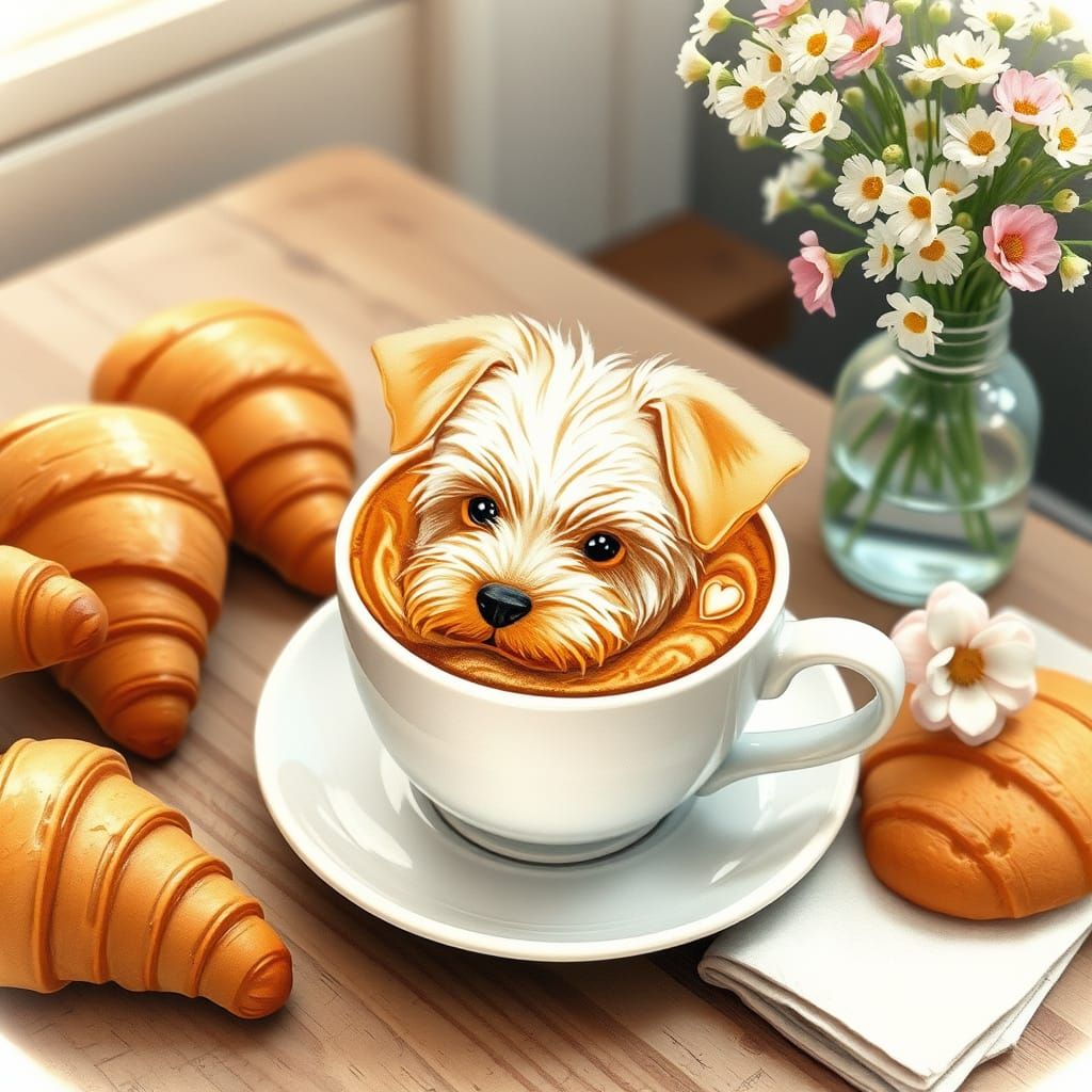Whimsical Latte Art Scene with Maltese Puppy, Croissants, an...