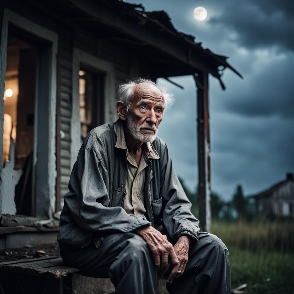 Sad Old Man on Porch in Rain, Photography